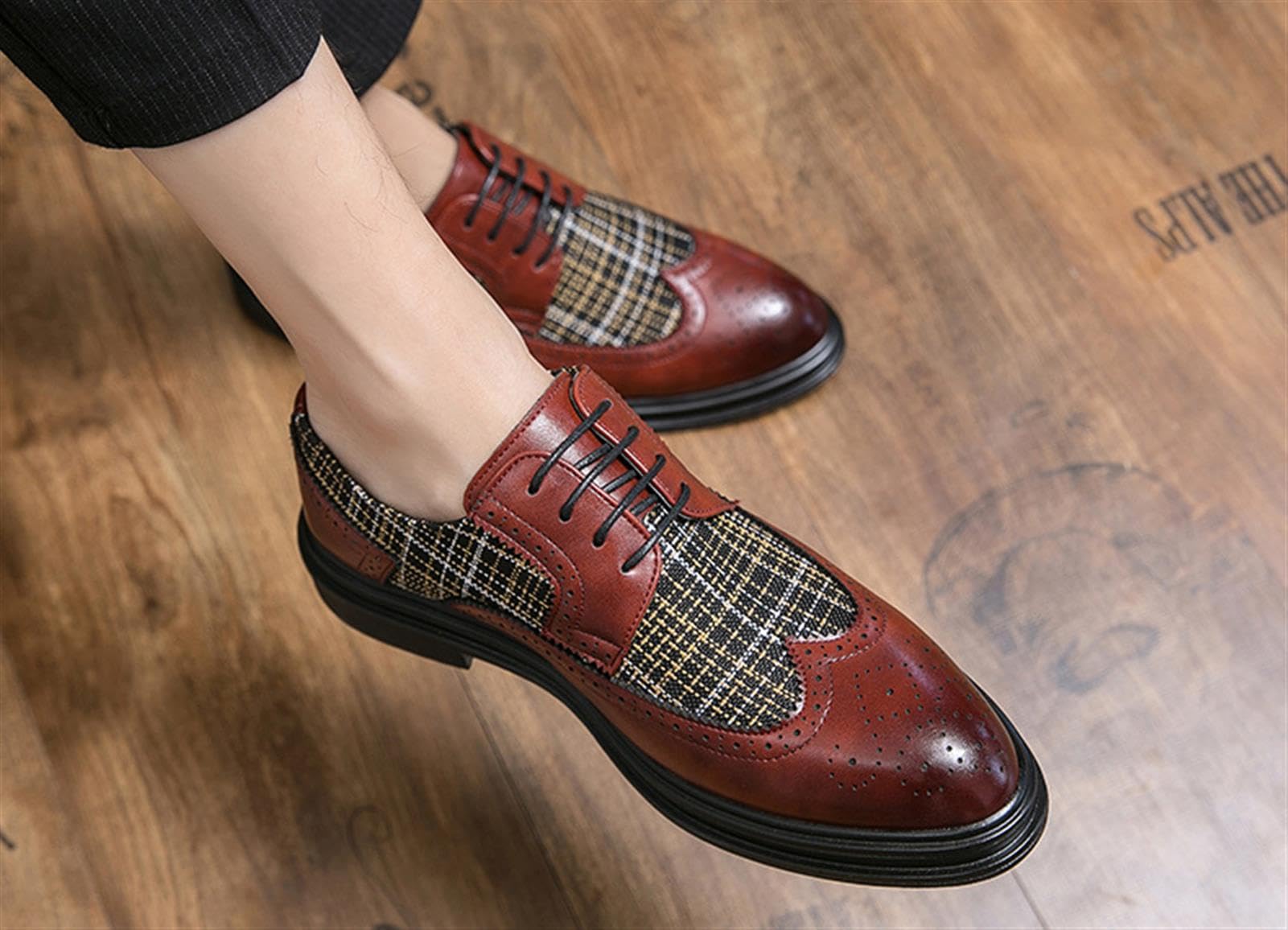 Herren Budapester Oxford Schuhe Klassische Lackleder Business Schuhe mit Kariertem Tweed Casual Festlich Hochzeit Elegant Derby