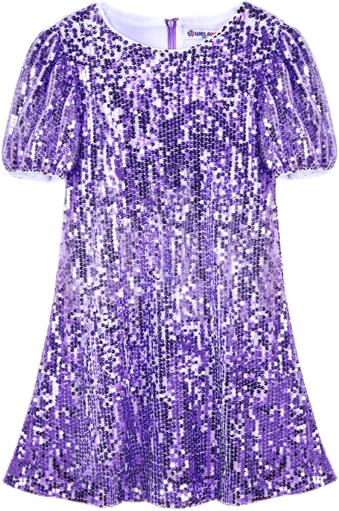 WELAKEN Girls Ombre Sequin Dress Sparkly Fancy Short Puff Sleeves Gradient Party Dress