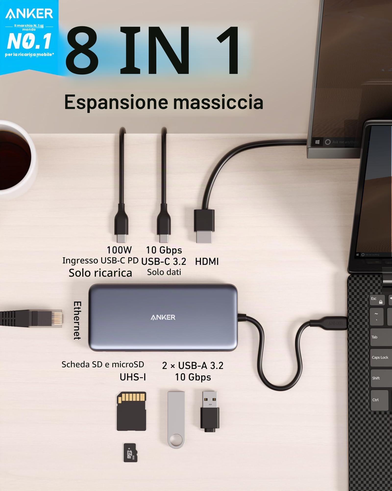 Anker Hub USB C 8 in 1 100W Adattatore PowerExpand, 100W Power Delivery, 4 K 60 Hz, HDMI, 10 Gbps USB C e 2 porte USB A, Porta Ethernet, Micro SD e SD, per MacBook Pro e Altro