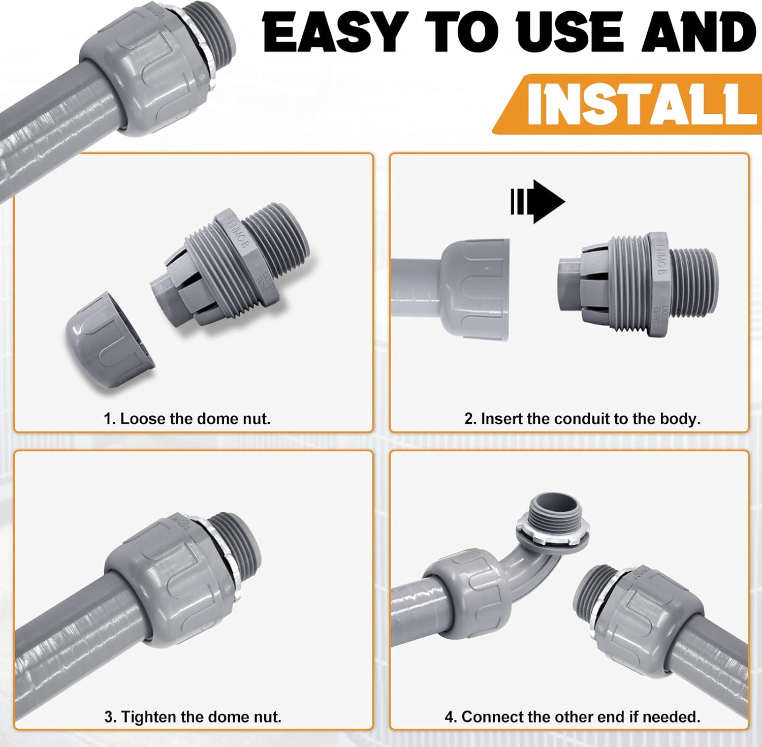1-1/2 inch Liquid Tight Connector 180 Degree PVC Flexible Conduit Connector UL Listed Conduit Fittings（10 Pack）