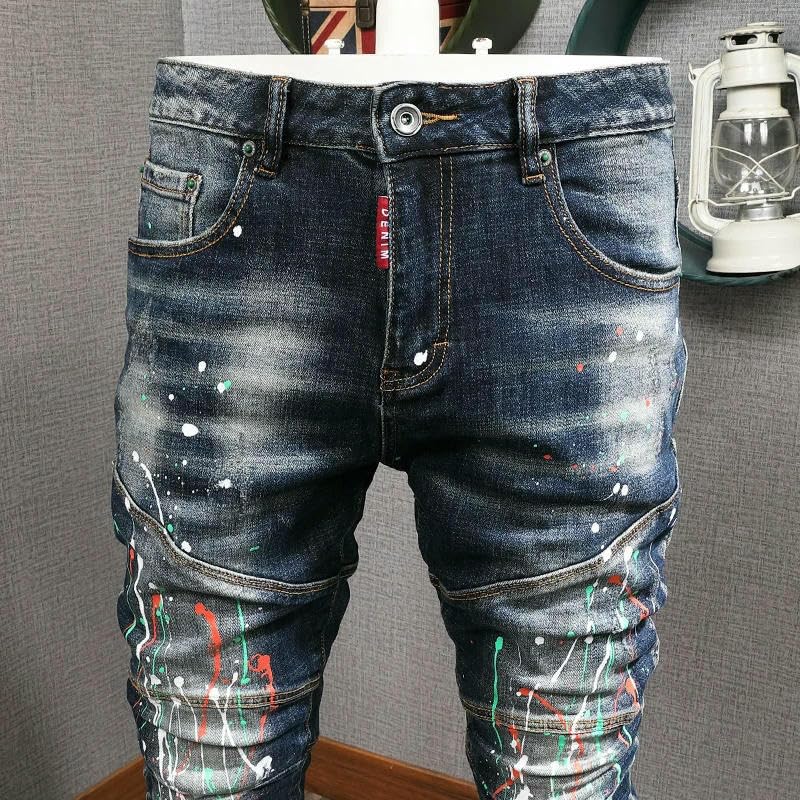 Men Distressed Paint Splatter Jeans Spliced Elastic Slim Ripped Biker ​​Trousers Hip Hop Painted Denim Pants Mens3
