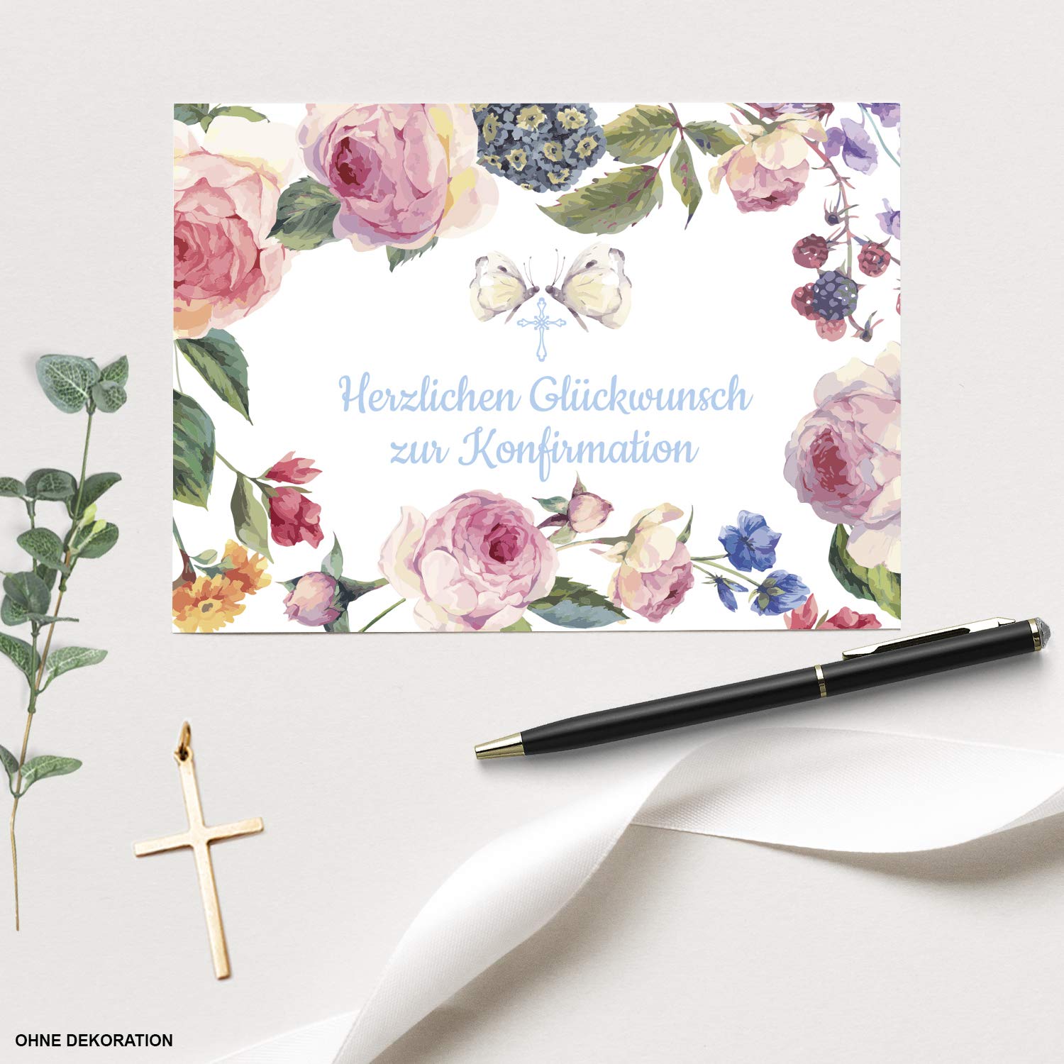 Glückwunschkarte Zur Konfirmation – Vintage Rosen Mit Schmetterlingen, DIN A6 Mit Umschlag, In Deutschland Gedruckt