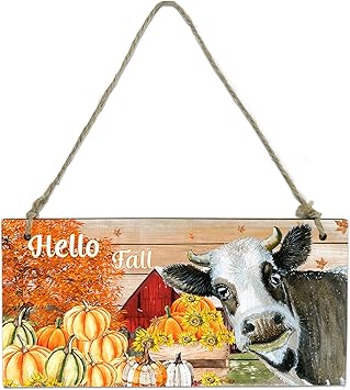 Amazon サインプレート ウェルカムボード 木製ボード 秋の収穫 農場 牛 Hｅｌｌｏ ｆａｌｌ 歓迎看板 ドアプレート Welcome ドア ハンガー木板 歓迎サイン 掛け 標識 お店 玄関 吊り ボード装飾 店舗看板 文房具 オフィス用品