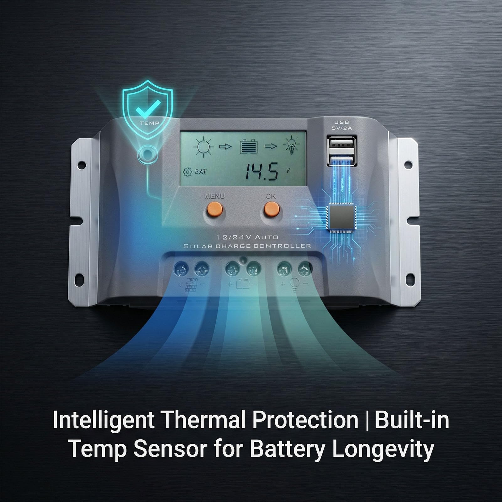 Greensen 40A Solarny Regulator ładowania z technologią MPPT, Automatyczne Rozpoznawanie 12V 24V dla Paneli Słonecznych 720W 1440W, z Portami USB i obsługą Komunikacji 485