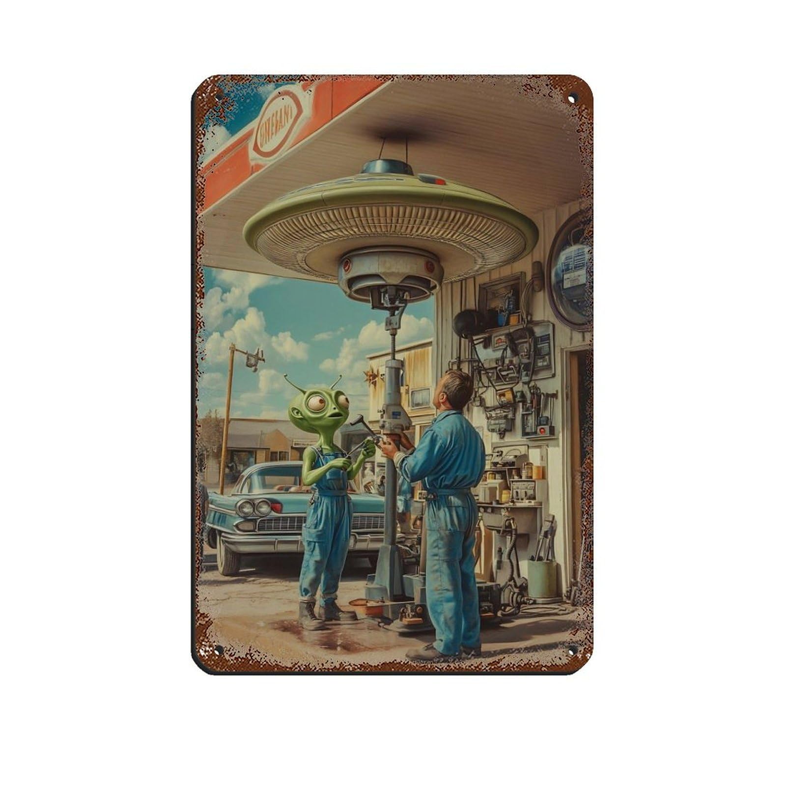Retro UFO Alien Mechanic Retro Poster Metal Tin Sign Chic Art Retro Iron Painting Bar People Cave Cafe Family Garage Poster Wall Decoration 8x12inch(20x30cm)
