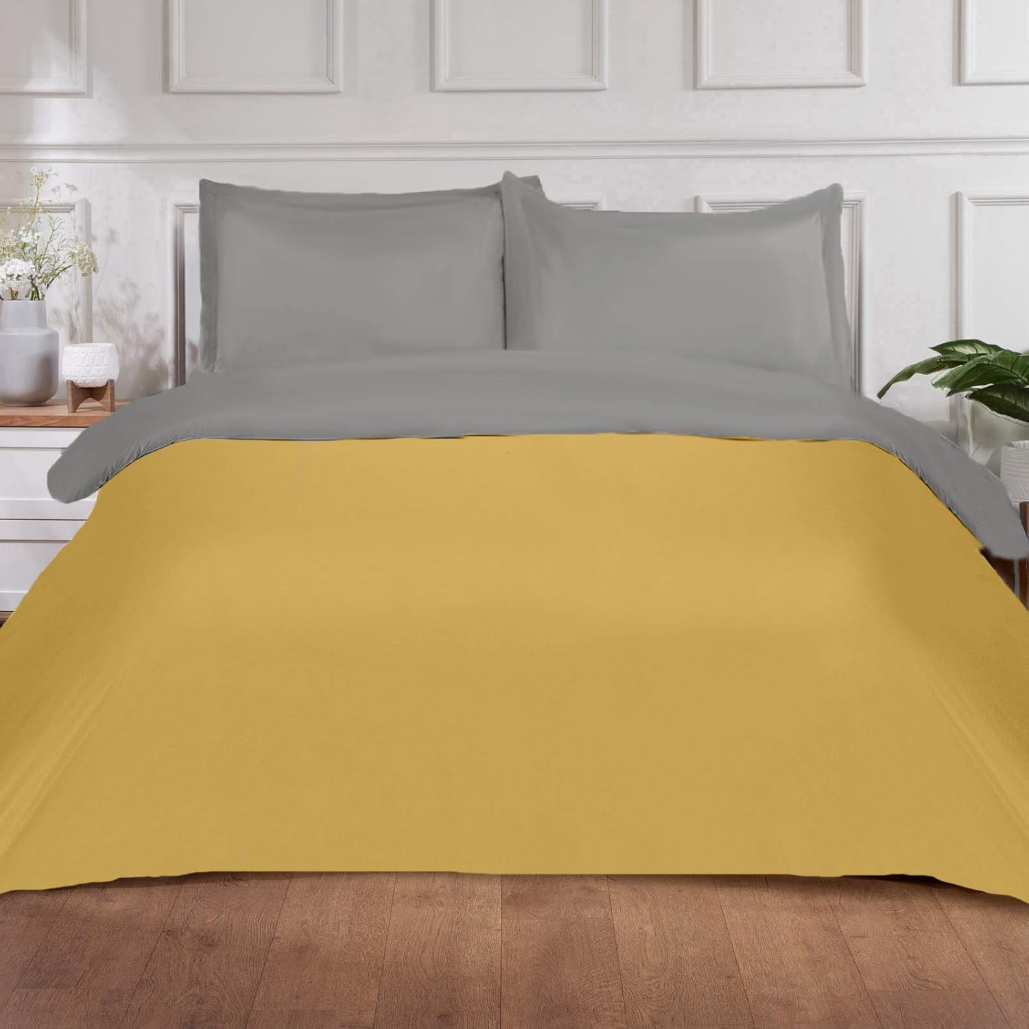 Brentfords Plain Dye Reversible Duvet Cover with Oxford Pillowcase Case Quilt Bedding Set, Ochre Yellow Mustard Grey - King