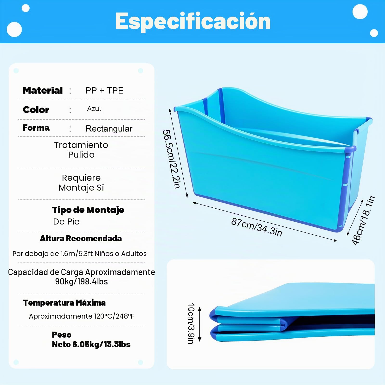 Bañera plegable móvil para adultos, bañera de spa de 100 cm, color azul