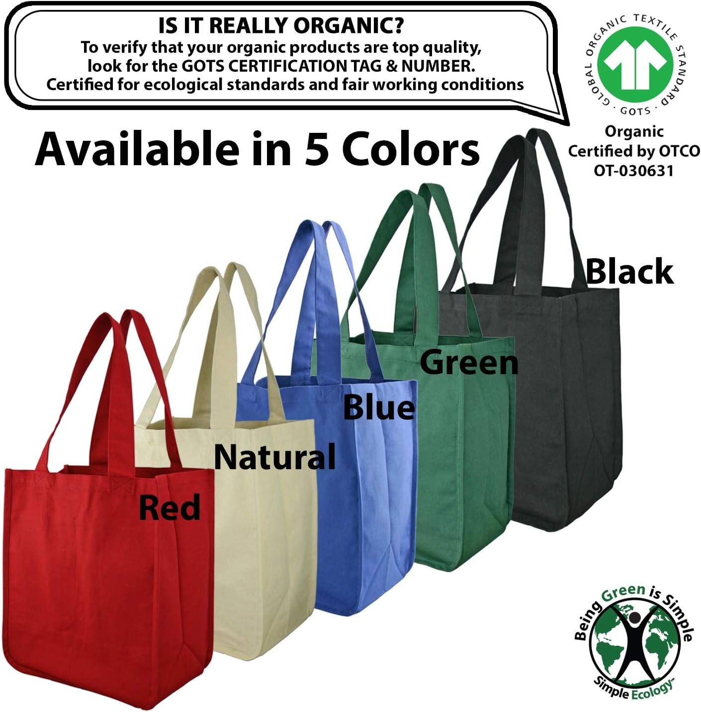 Simple Ecology Organic Cotton Deluxe Reusable Grocery Shopping Bag; Bottle Sleeves, Rigid Bottom Support (UPDATED DESIGN)