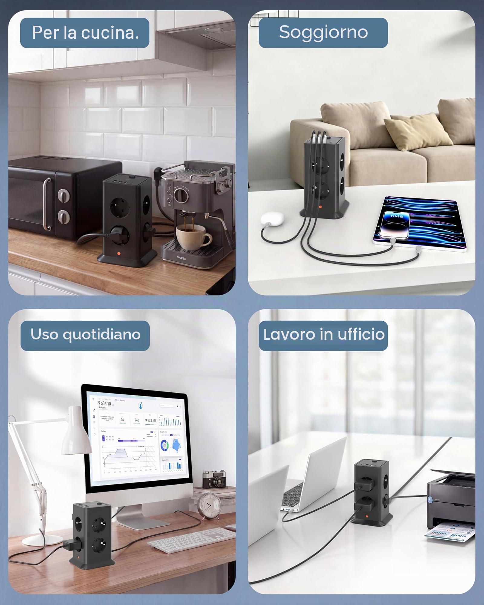 Multipresa a Torre Multifunzione con Interruttore, Parafulmine e 8 Prese Secteur e 4 Porte USB (Incluso 1 USB-C) 5V/3.4A Power Strip, 3680 W/16 A, Ideale per l'Ufficio, il Salone o la Camera 2M Nero