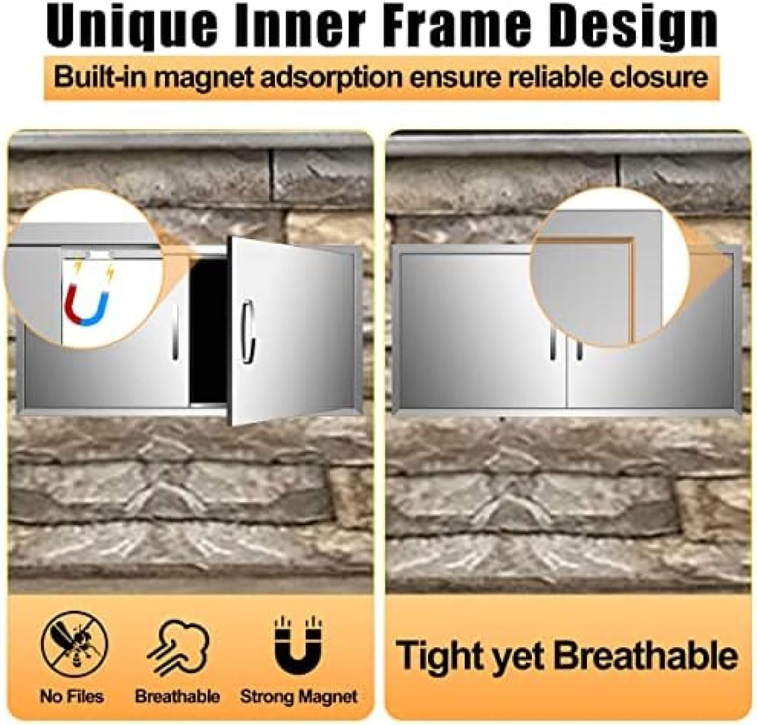 Outdoor Kitchen Doors BBQ Access Door Wall Construction Double Door Flush Mount for BBQ Island, Grilling Station, Outside Cabinet