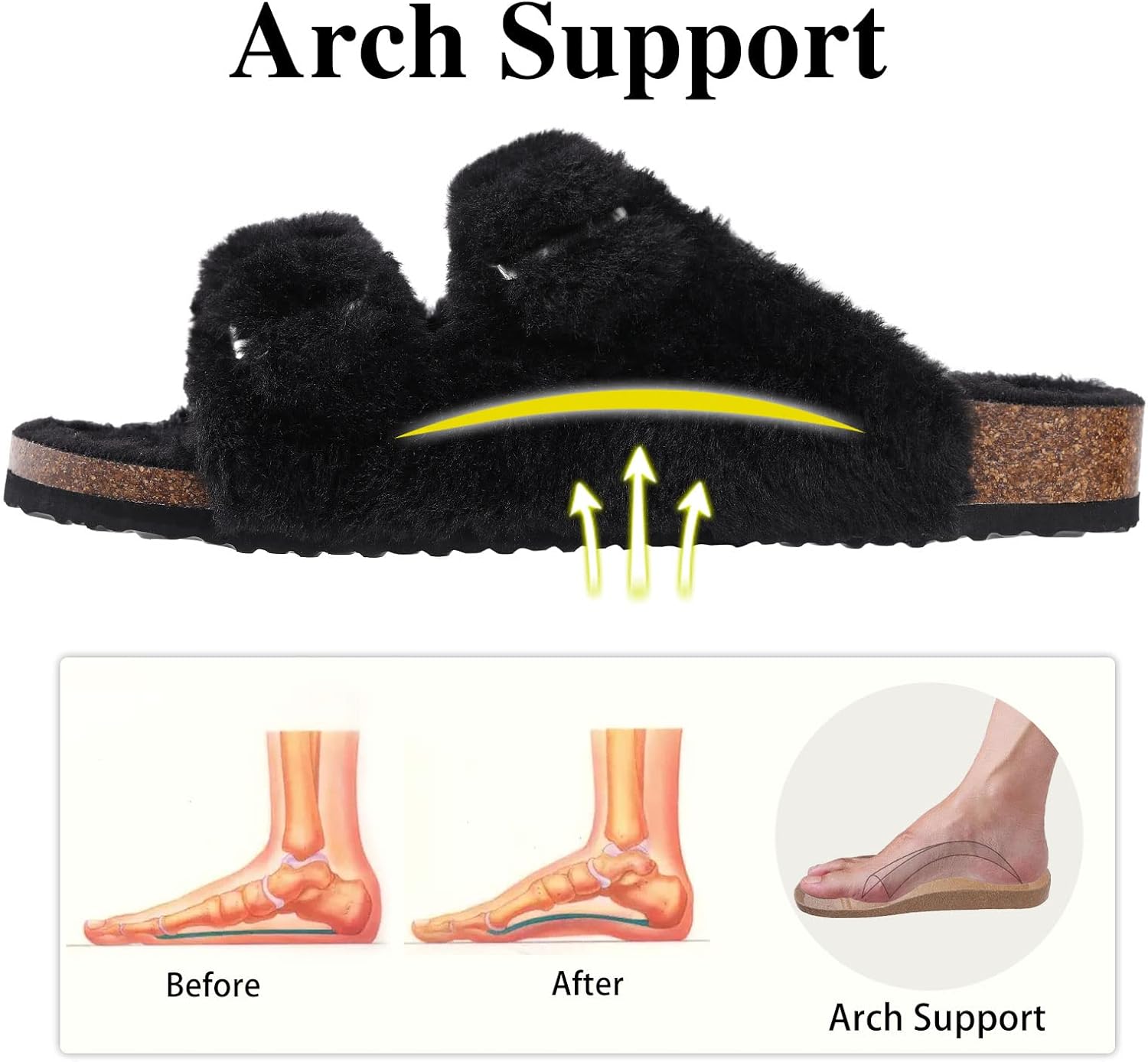 KIDMI Fuzzy Slippers Women with Cork Footbed Fluffy Slides Open Toe Indoor House Shoes | Arch Support | Adjustable Buckles - Image 2