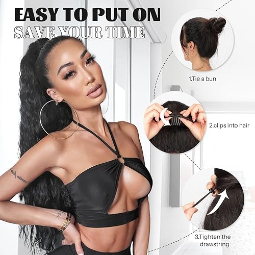 Miniatura 5 de KooKaStyle Extensiones de cola de caballo largas onduladas con cordón sintético con clip en cola de caballo de 26 pulgadas, extensiones de cola de