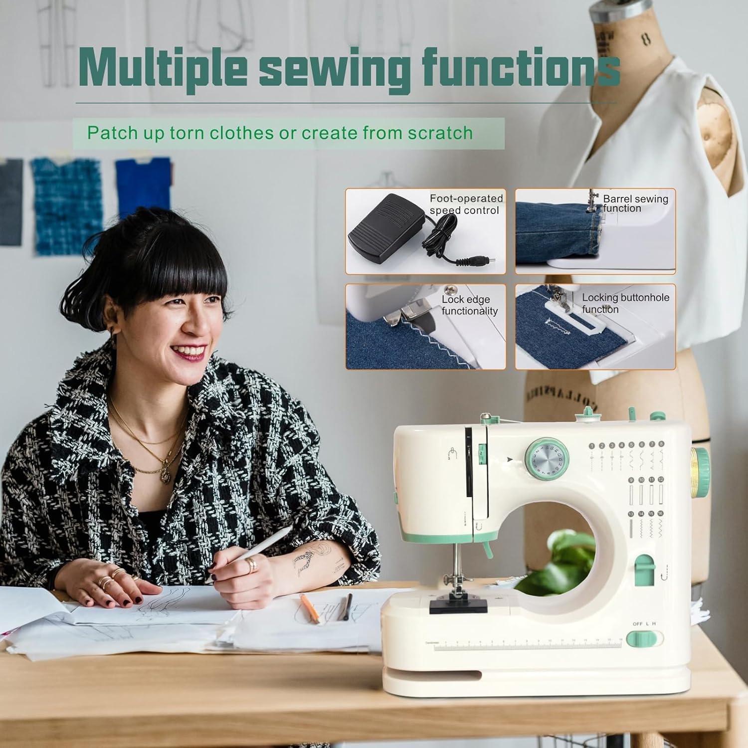 Portable Sewing Machine for Beginners, 16 Built-in Stitches and Reverse Sewing, adjustable sewing speed, small sewing machine with two needle types, foot pedal(with Extension Table) - Image 5