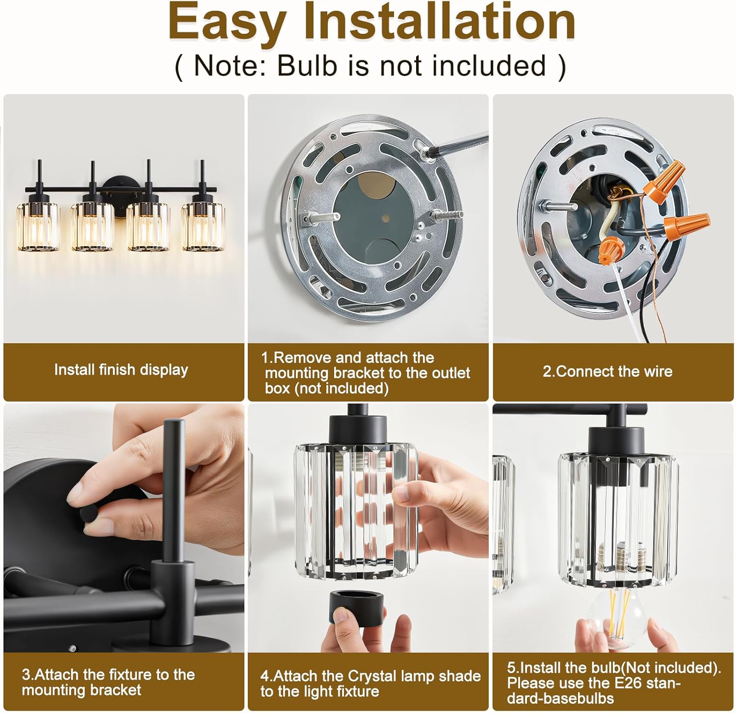 4 Light Round Crystal Vanity Lights, Modern Black Crystal Wall Light Bath Mirror Light Fixture Over Mirror Bathroom Wall Sconces for Bathroom Living Room