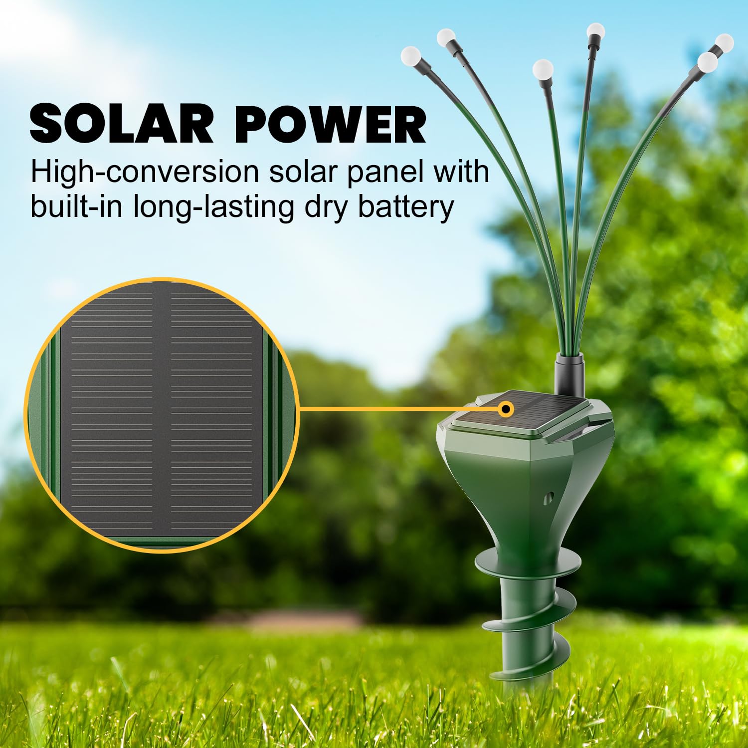 Paquete de 4 estacas solares repelentes de topos, disuasorio ultrasónico para exteriores con luces LED de luciérnaga, control de plagas impermeable IP65 para topos, ratones, marmotas, serpientes