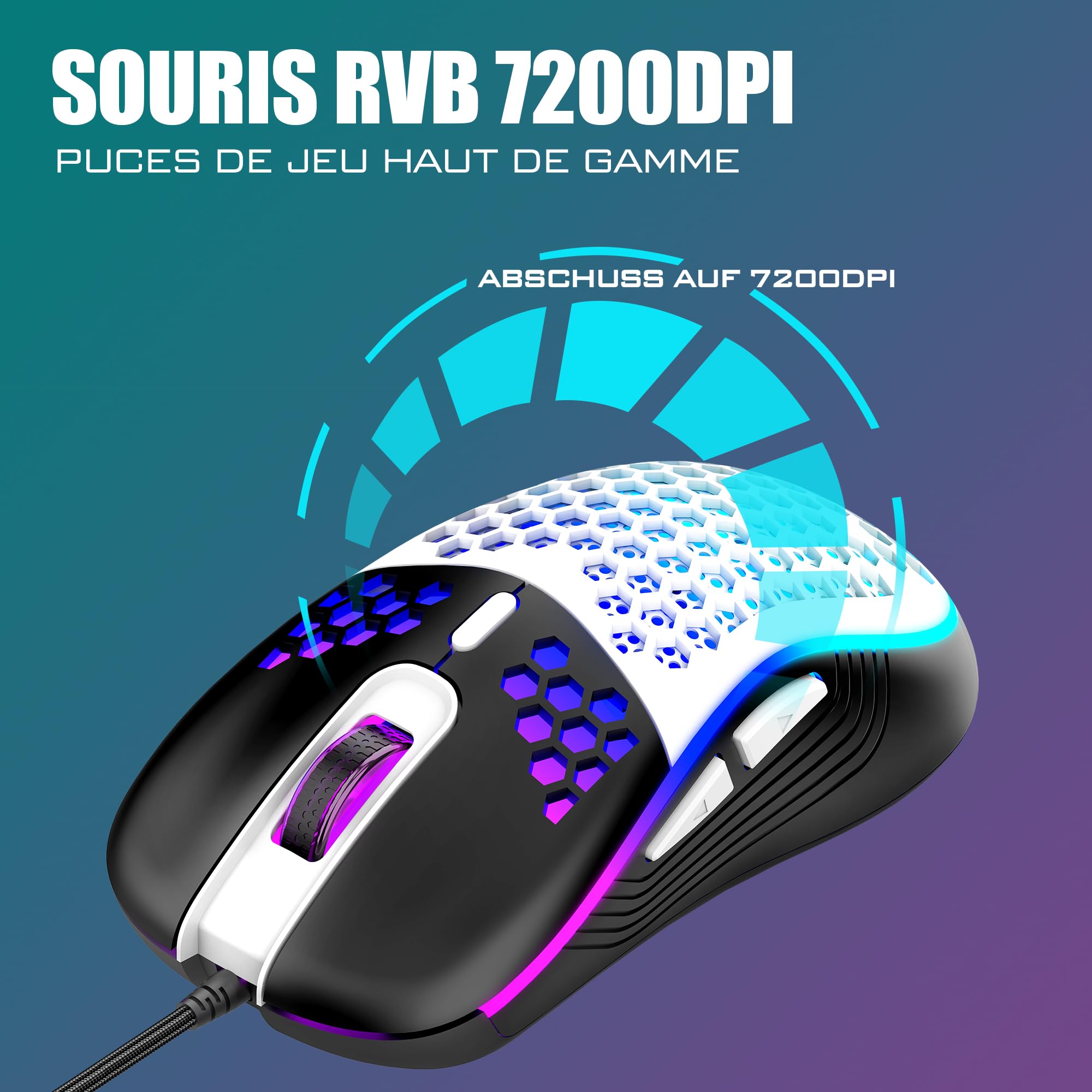 RedThunder 60% Set di tastiera e mouse 2 in 1 Gamer, AZERTY FRANCESE, Mini tastiera ultra-compatta retroilluminata RGB 62 tasti, mouse leggero 6 pulsanti 7200 DPI per PC Mac PS5 Xbox (nero-bianco)