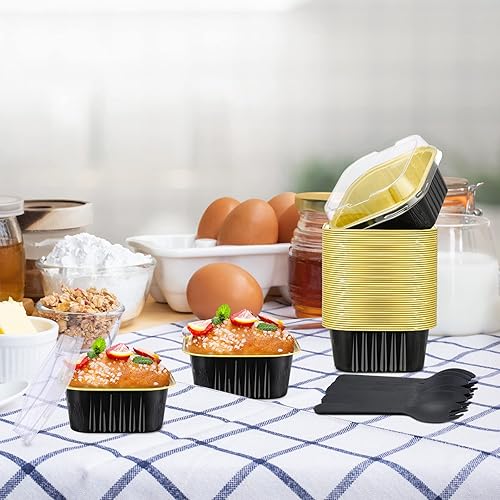 Miniatura 5 de 100 forros para cupcakes con tapas, moldes cuadrados desechables de 5 onzas con papel de aluminio de plástico, mini moldes para pasteles para pan de