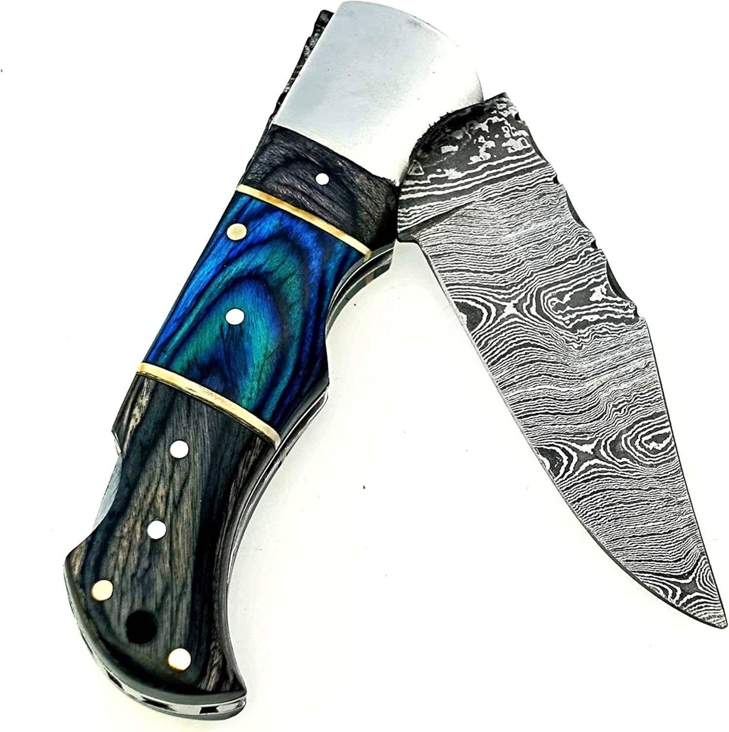 Damascus Steel Pocket Knife, Handmade Premium Quality folding Knife for men,Outdoor knife for Camping, Hiking, Back Lock Blade, with lether pouch (blue/black) (OB-09)