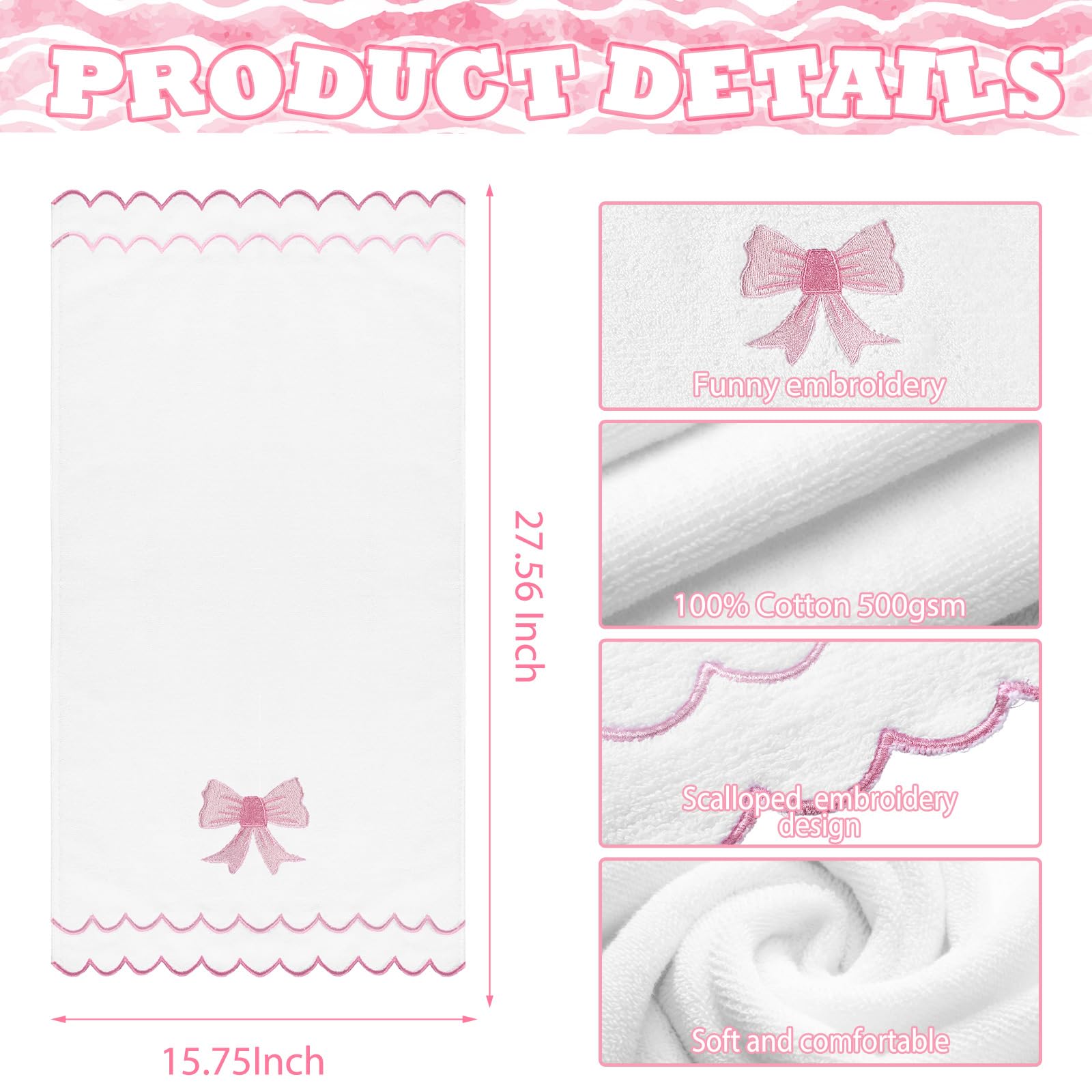 Hahafelt 2 Toallas de Mano festoneadas 100% algodón para baño, 15.75 x 27.56 Pulgadas, 500 g/m², Lindas y absorbentes Bordadas para Hotel, SPA, Deporte, Yoga (Rosa, Lazo)