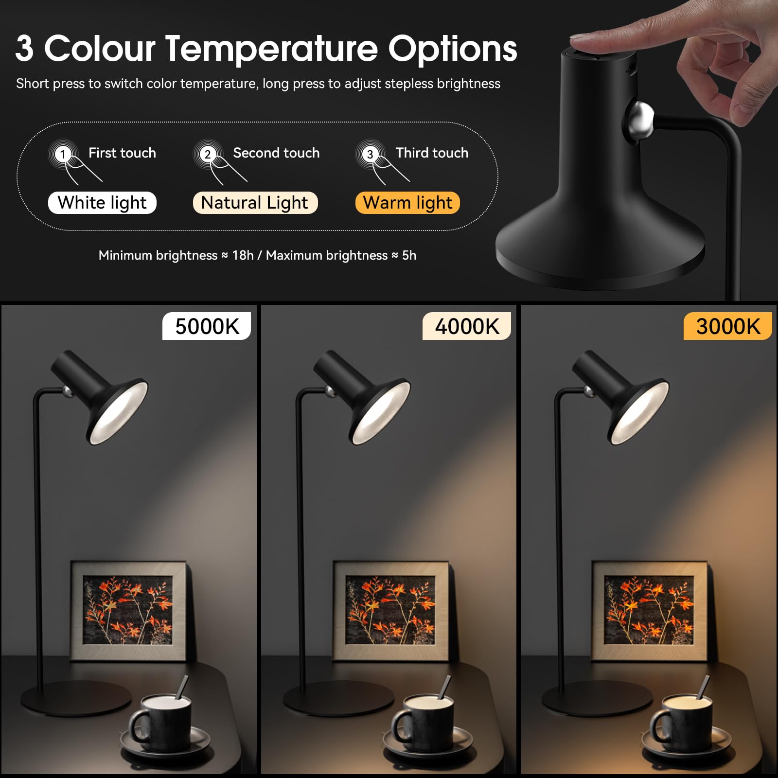 HAILOLY Lampada da Tavolo Senza fili, Lampada da Tavolo Ricaricabile, in Metallo, Lampada da Tavolo Dimmerabile a 3 Temperature di Colore, per il Comodino Della Camera da Letto Dell'ufficio