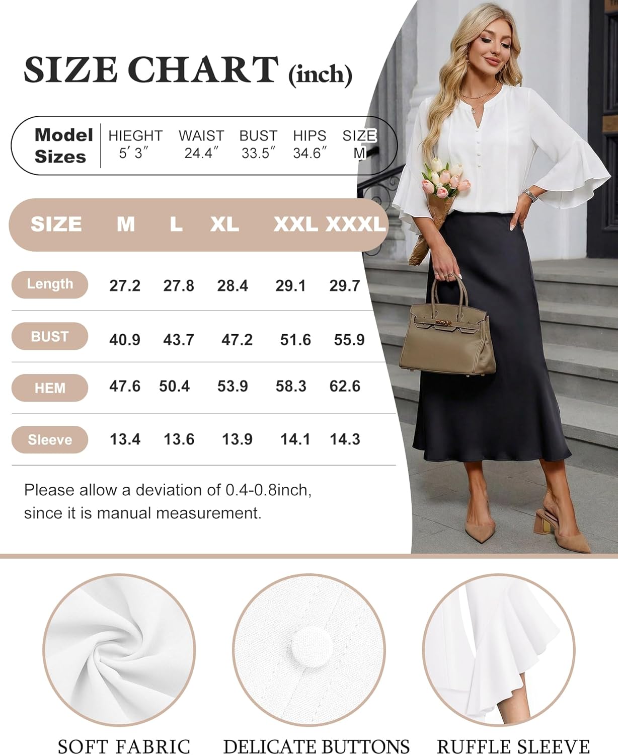 Bebonnie Womens Tops Dressy Casual Ruffle 3/4 Sleeve Henley V Neck Chiffon Blouses with Buttons - Image 7