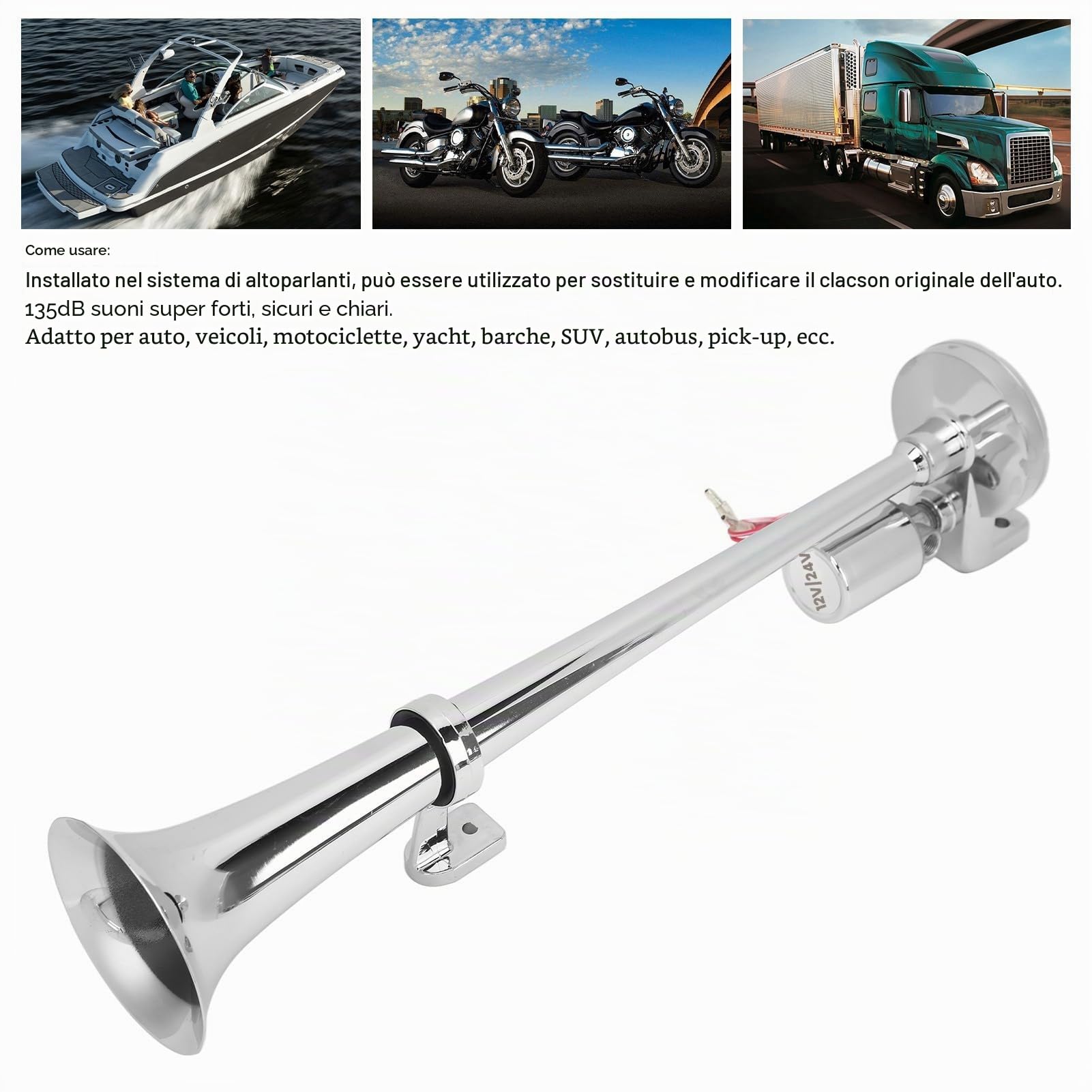 Tromba Elettrica Ad Aria, 12V / 24V Tromba Singola Marina per Barche Tromba in Lega di Zinco Cromatura Trombe 135dB Tromba Elettrica Marina per Barche RV Camion Moto