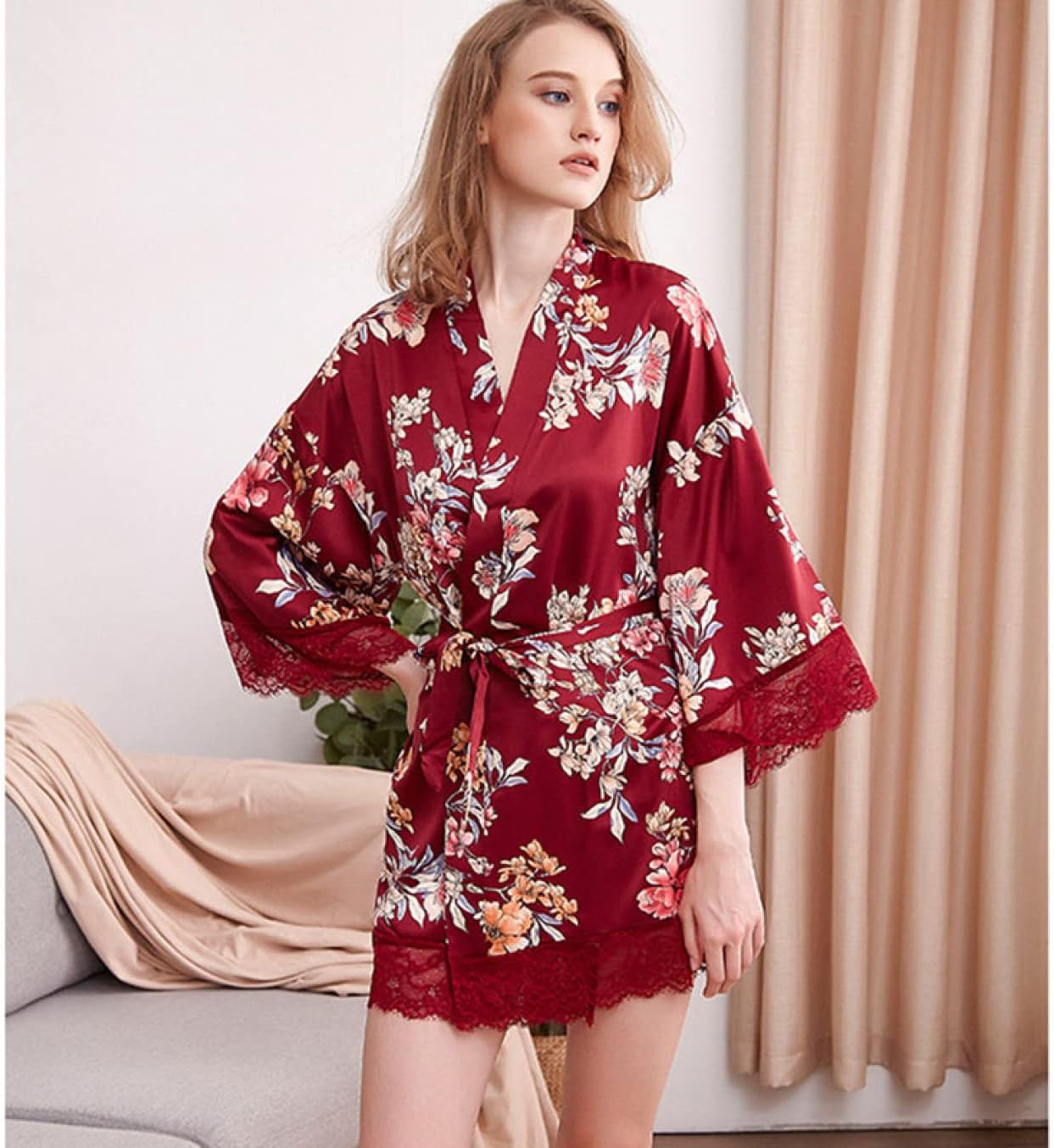 [シュウカ] 浴衣 和服 レディース バスローブ 浴衣式 孔雀柄 軽量 膝上 ショートローブ 女性用 サテン着物ドレスガウンラウンジ