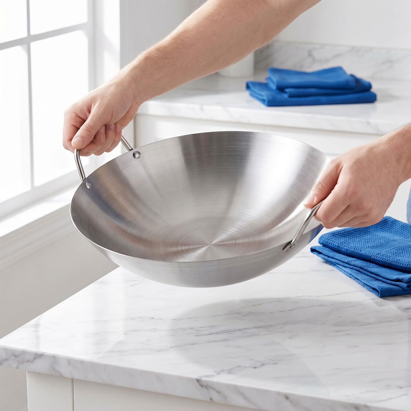 Zerodeko Wok à double poignée en acier inoxydable, wok de cuisson à fond rond, poêle à sauter en métal, poêle à vapeur et à sauter, ustensiles de cuisine traditionnels pour restaurants