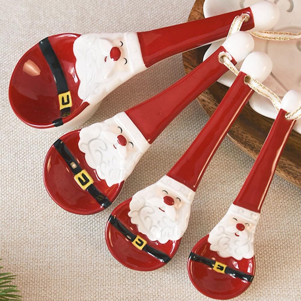 DOITOOL 4 Pcs Christmas Spoons Ceramic Measuring Spoon Santa Claus Themed Xmas Teaspoon Christmas Serveware for Baking Coffee Dessert Sugar Salt Cooking Holiday Kitchen Baking Accessories