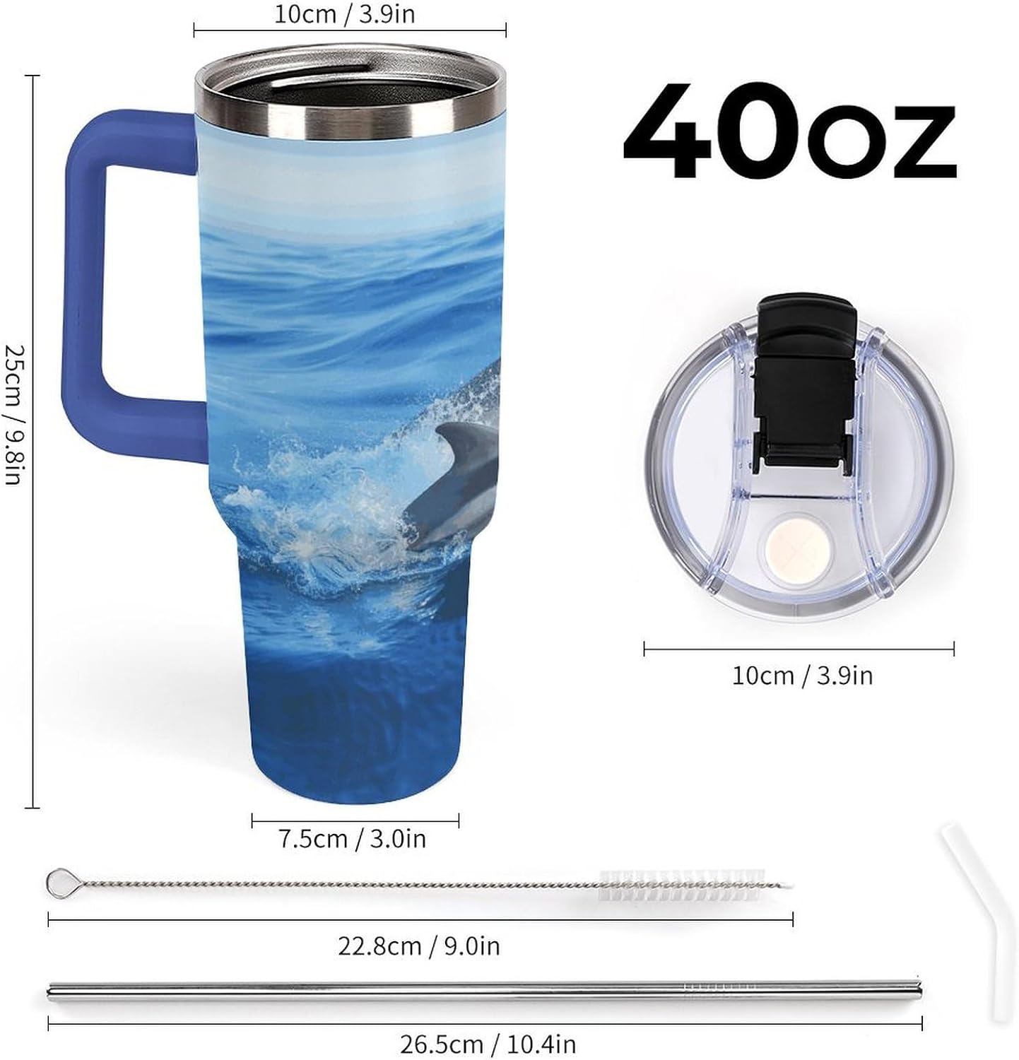 Dolphin Family Tumbler 40 Oz with Handle&Lid Large Car Cup Stainless Steel Vacuum Travel Mug Insulated Water Bottle Leak-proof Portable Coffee Cup for Home Car Outdoor