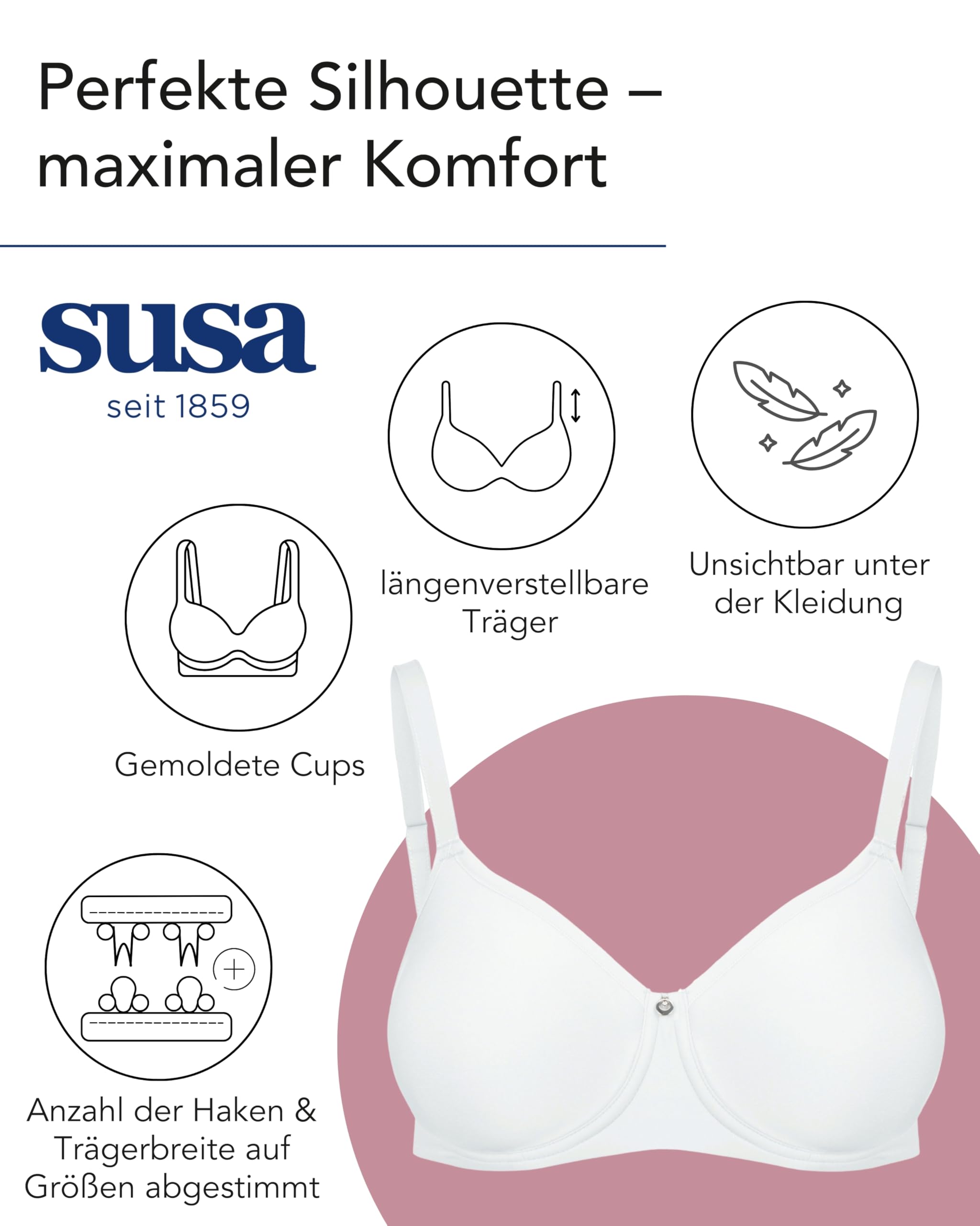 Susa BH Damen mit Bügel - Catania 7869 - Größen A-F - Spacer-BH mit Unterbrustband - Gemoldete Cups mit verstellbaren Trägern - Seamless - Bequemer T-Shirt-BH