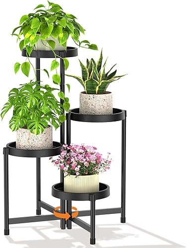 LASZOLA Soporte plegable de 4 niveles para plantas de interior para múltiples macetas grandes, estante ajustable alto y resistente con estantería de