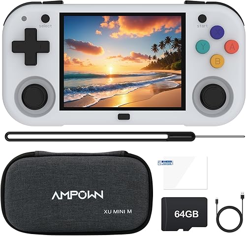 XU Mini M - Consolas de juegos de mano retro, pantalla IPS de 2.8 pulgadas, tarjeta TF integrada de 64 G, con batería de 2600 mAh, 6 horas, color
