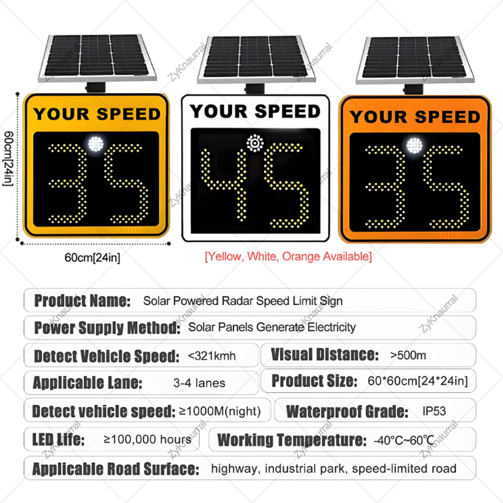 Señal de retroalimentación de radar de 24 x 24 pulgadas, señal LED de límite de velocidad de radar, señal LED de advertencia de velocidad, límite de velocidad ajustable, naranja