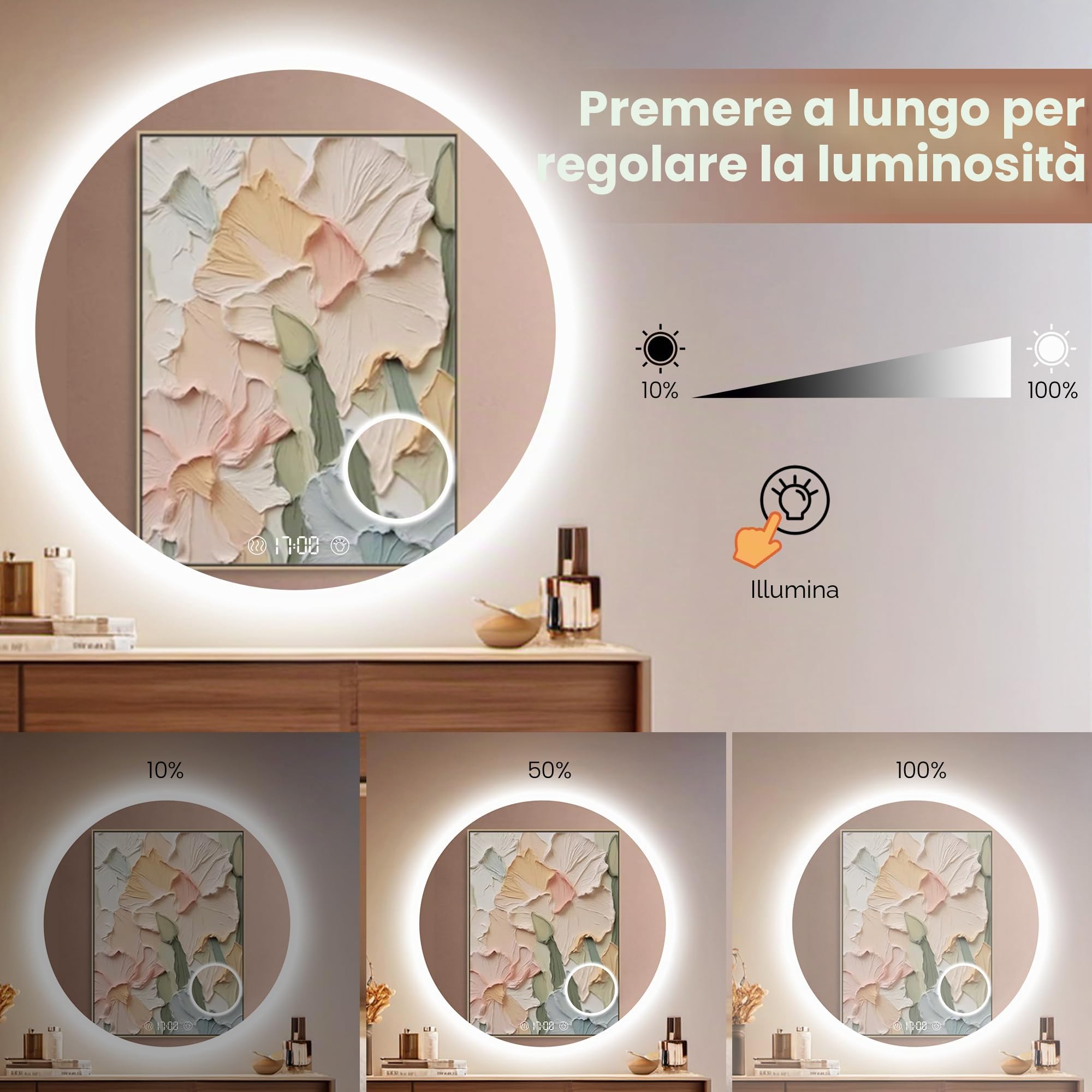 Specchio da Bagno a LED Rotondo, 70x70 cm, con Illuminazione Dimmerabile, Interruttore Touch e Funzione Anti-Appannamento, Specchio bagno con luce Bianco Caldo/Bianco Freddo/Neutro