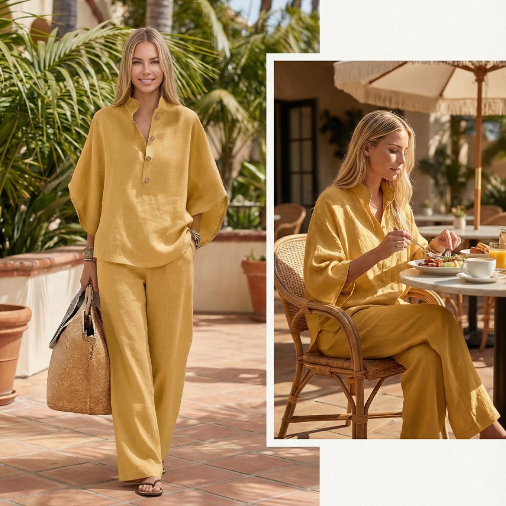 Women’s Batwing Sleeve Linen Cotton Two-Piece Set – Casual Shirt & Wide Leg Pants Outfit,Easy to Style Batwing Sleeve
