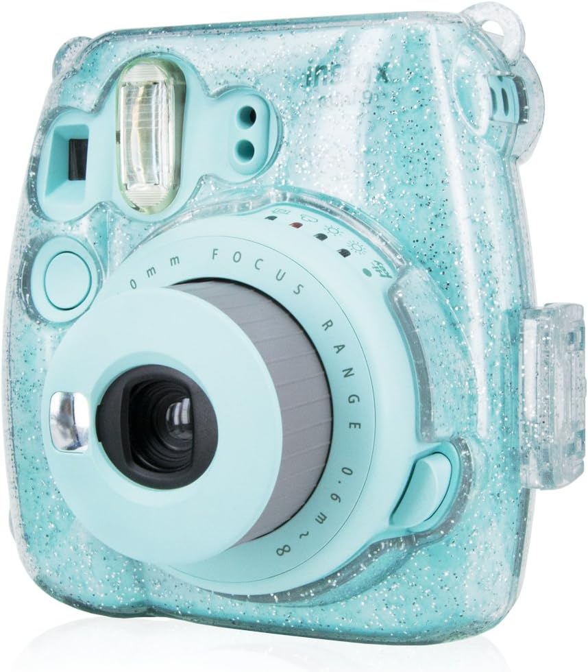 Wolven Clear Camera Case w Adjustable Rainbow Shoulder Strap Compatible with Fujifilm Instax Mini 8, Mini 8+, Mini 9 Instant Camera (Crystal)