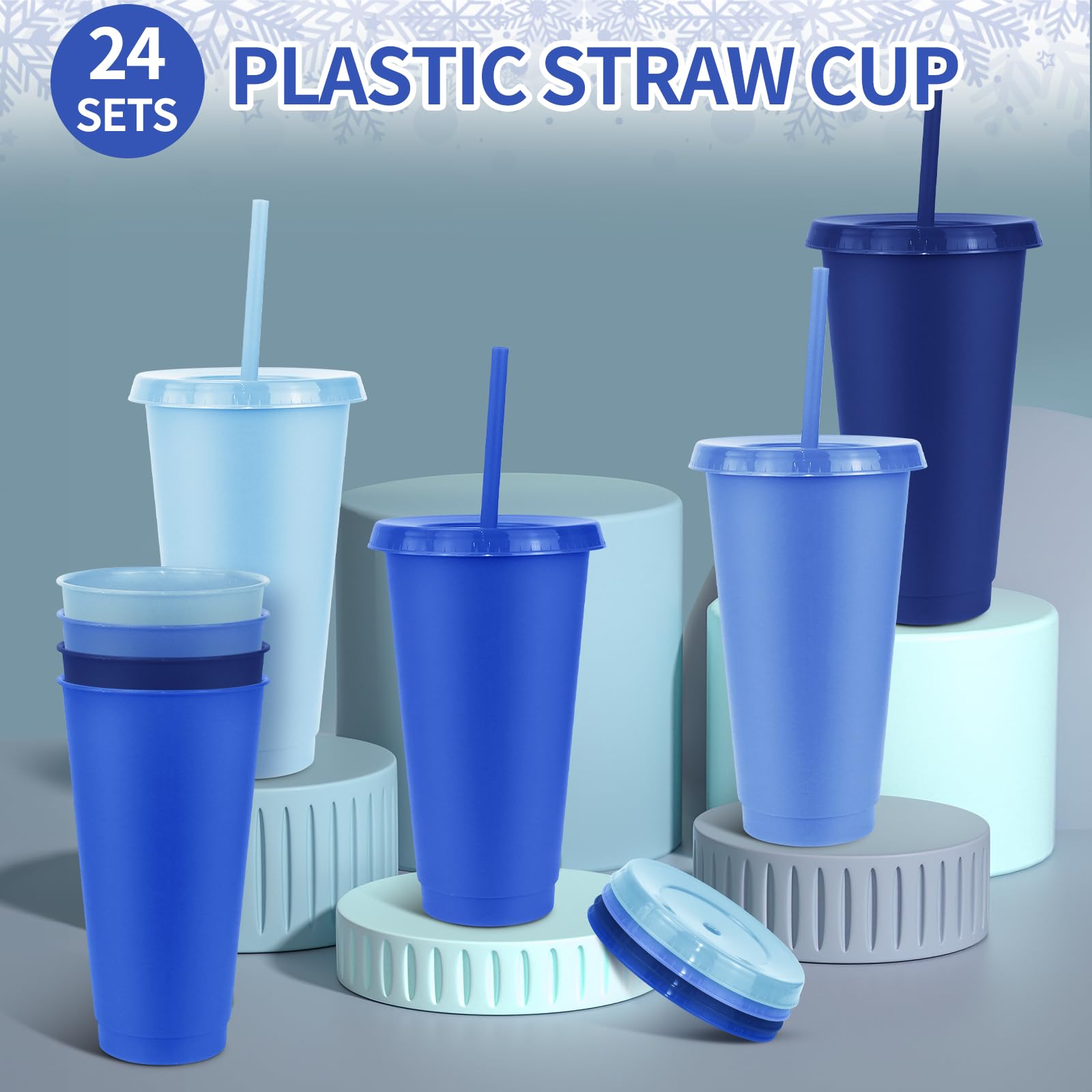 MSYU Lot de 24 grands gobelets en plastique réutilisables avec couvercles et pailles, 710 ml, pour café, boissons, fête, fête prénatale, anniversaire (gris bleu)