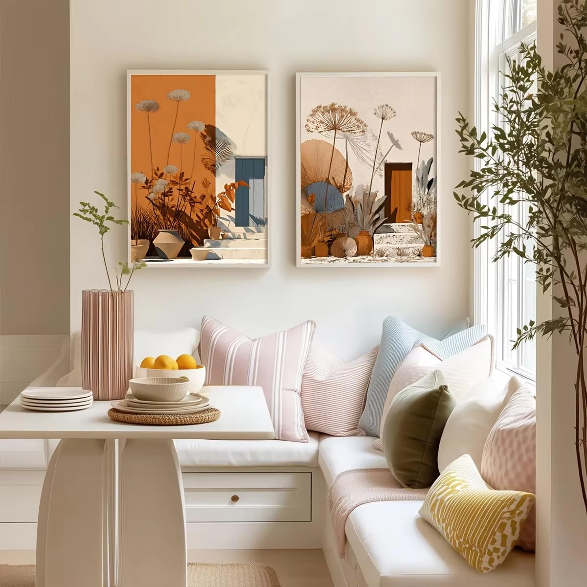 LTjiajuypd Set di quadri da parete in terracotta con soggetto botanico, stile mediterraneo minimalista, illustrazione di paesaggio naturale dai toni caldi (70x100 cm - 2 pezzi)