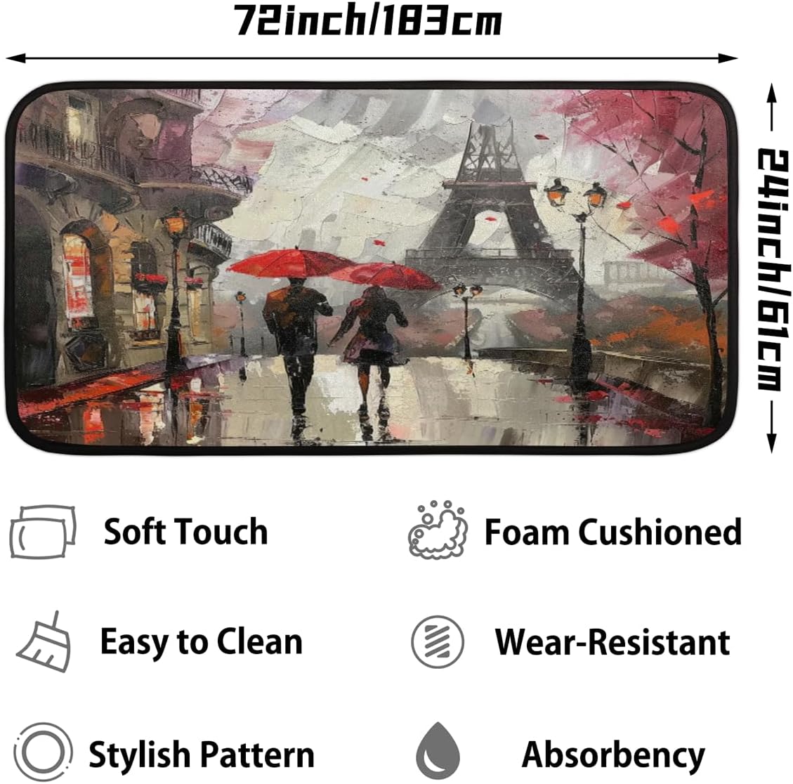 Oil Painting Paris Runner Rug Eiffel Tower Area Rug 2x6 Ft Non Slip Carpet Floor Mat for Hallway Entry Bedroom Living Room Laundry Dorm Home Kitchen Decor