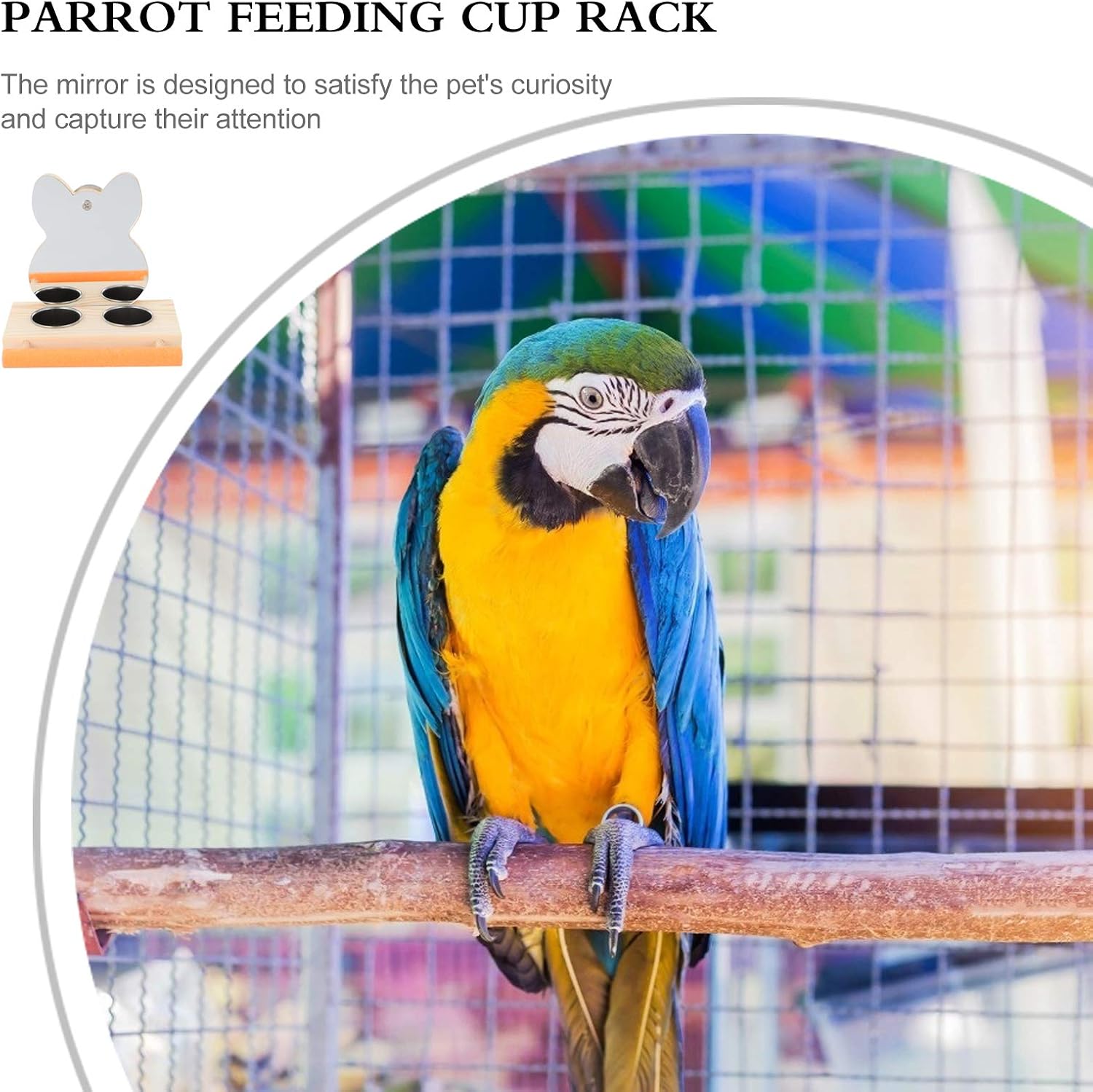 Parrot Mirror with Water Food Bowl or Bird Cage Feeding Wood Holder Cage Accessory Feeding Bowl Parakeet Toys for Parrots, Cockatiels, and Budgies
