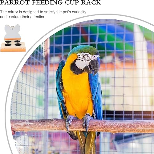 Miniatura 5 de Espejo de loro con cuenco de comida de agua, soporte de madera, accesorio de jaula para alimentación, periquitos