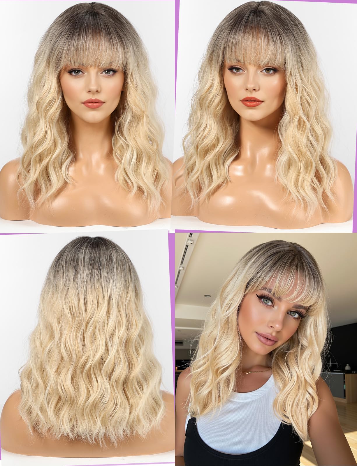 WOKESTAR Bob Wigs With Neat Fringe, Wavy Synthetic Wigs for Women Light Blonde with Highlights Color, Medium - Image 3