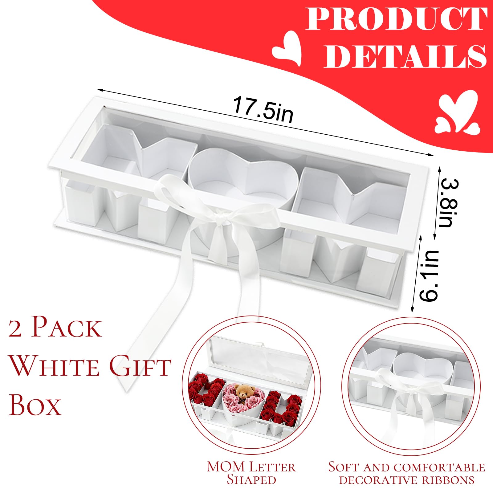 JarThenaAMCS 2Pcs Mother's Day Floral Paper Box Empty MOM Letter Shaped Flower Packaging Box for Birthday Party Favors Flower Candy Chocolate Decor, White