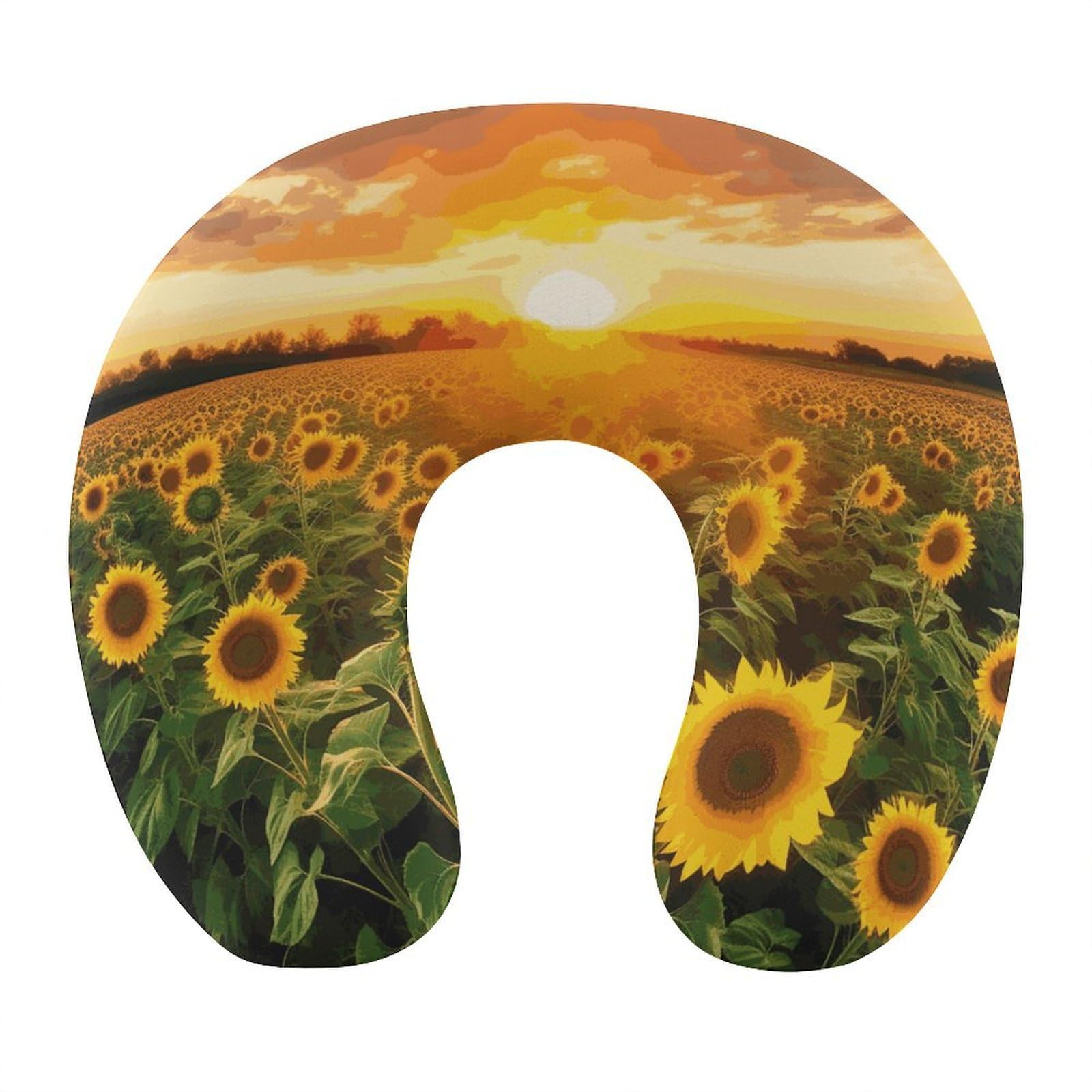 FekiLoot Sunflower Field Sunset Travel Pillow,U Shaped Office Napping Pillow Support Neck and Head Comfortable Travel Neck Pillow U Shape Sleeping Essentials for Long Haul Flights