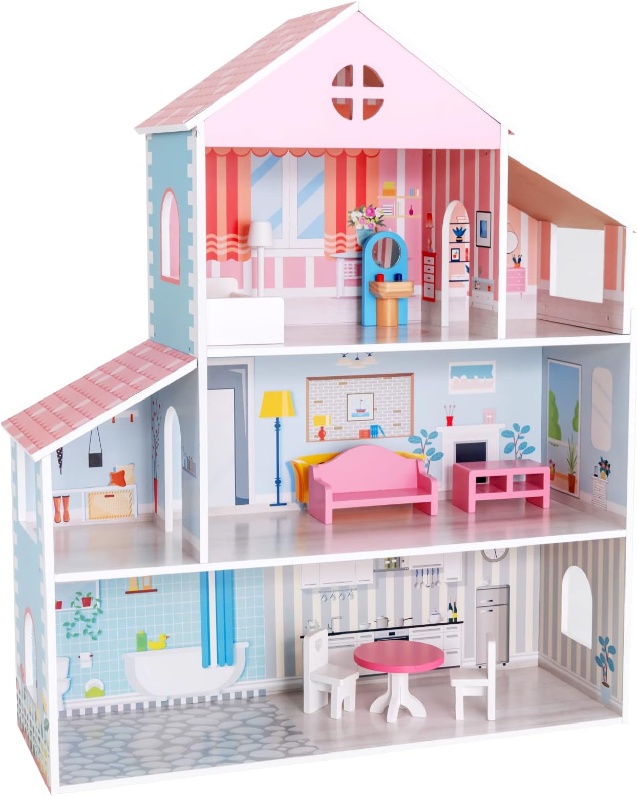 COSTWAY Wooden Dolls House, Large 3-Story Dollhouse with Furniture Accessories, Toddler Pretend Playset Gift for Children 3-7 Year Old