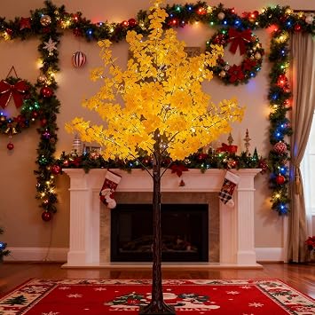 TYBEEU 6FT 5-Leaf Lucky Tree with 300 Warm White LEDs Yellow Leaves | Indoor Outdoor Lighted Christmas Tree | 4 Dimming Modes & Timer | 16ft Extension Cord & Stakes