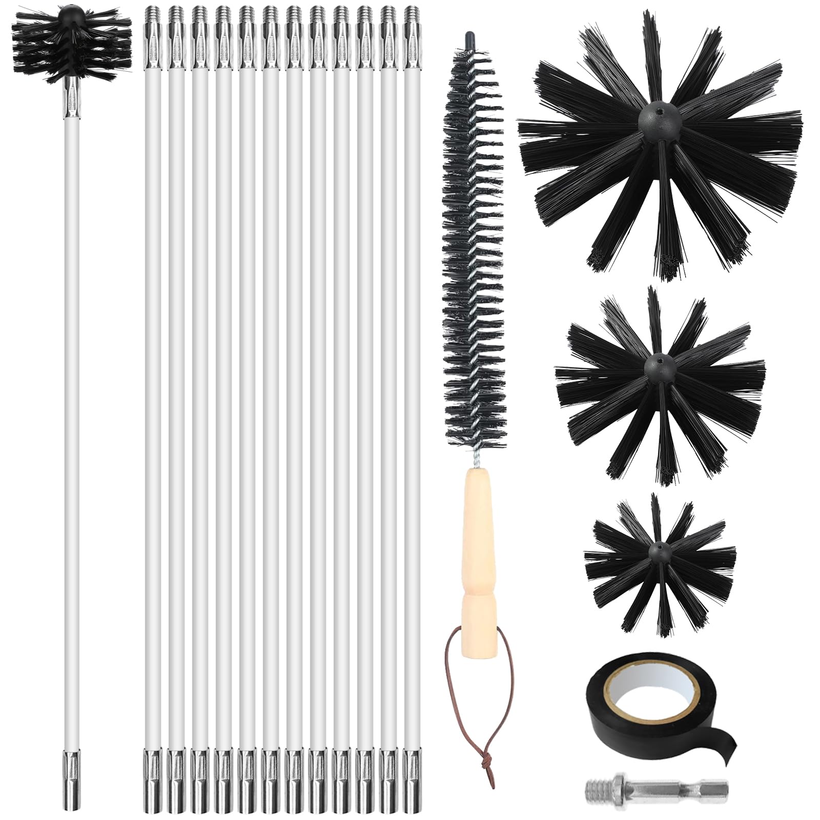 Hérisson ramonage, 17 pièces de Nettoyage de conduits daération | Avec 12 tiges de 41 cm, 3 têtes de Brosse de 10cm/15cm/20cm, a Tige hexagonale de 4,5 cm, a Brosse à Manche en Bois de 38 cm