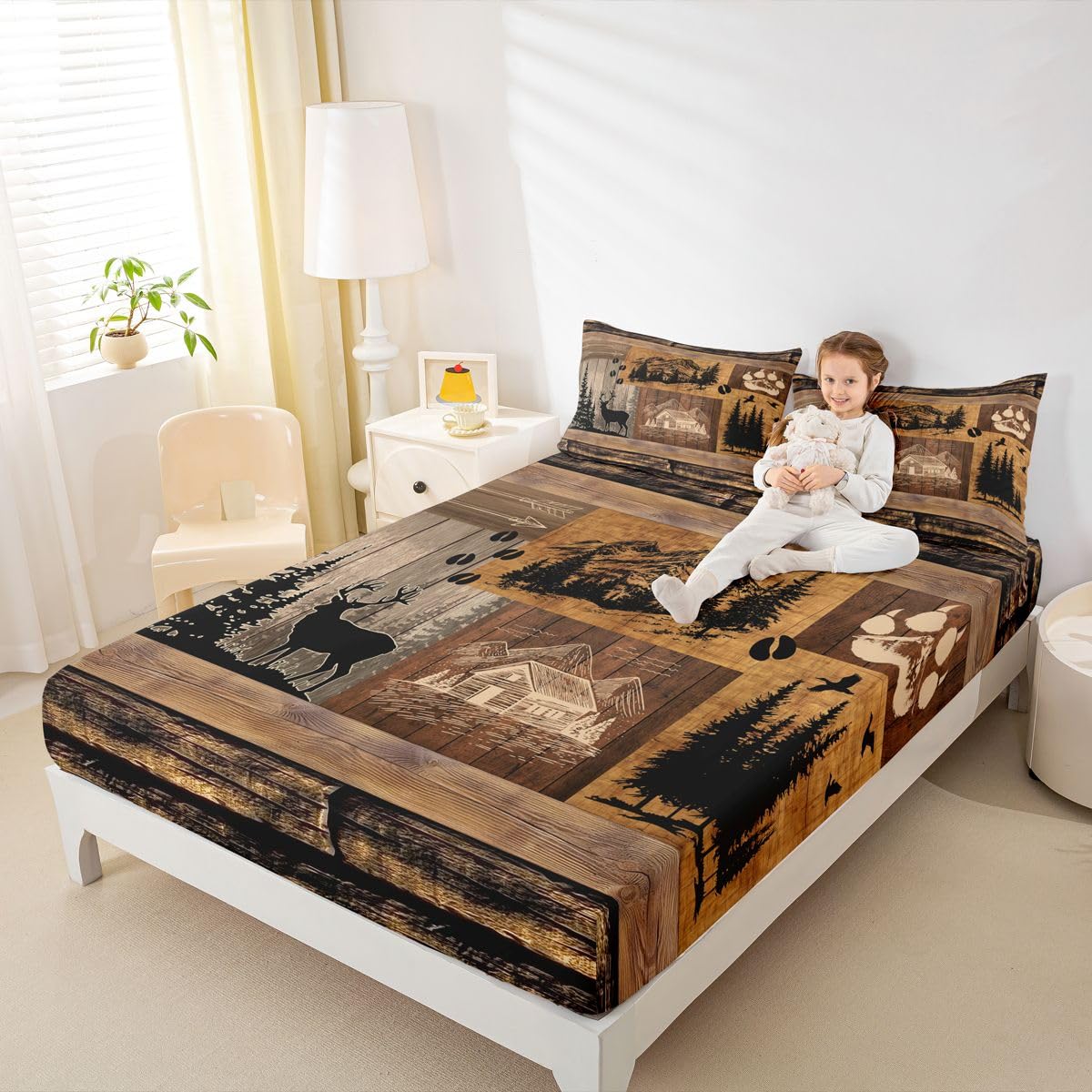 Homewish Zestaw pościeli z reniferem King Rustykalny dom wiejski wystrój domek nad jezioro prześcieradło z gumką retro drewniane moro prześcieradła dla dzieci nastolatków dziewcząt, vintage domek
