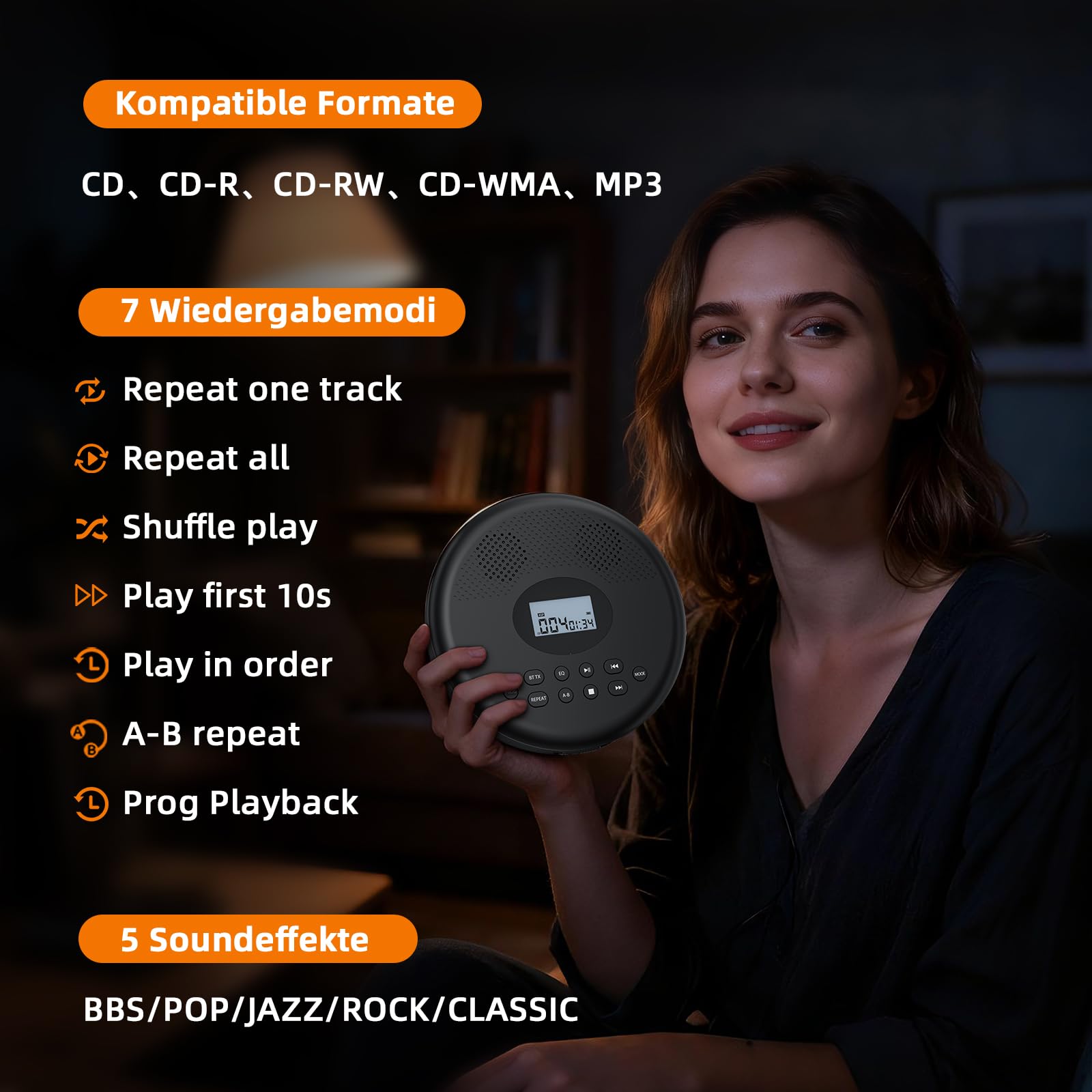 Arafuna Tragbarer CD-Player mit Bluetooth, wiederaufladbarer CD-Player mit Lautsprechern, Anti-Schock, LCD-Display, 7 Wiedergabemodi & 5 EQ, unterstützt TF & AUX, geeignet für Auto, Zuhause und Reise